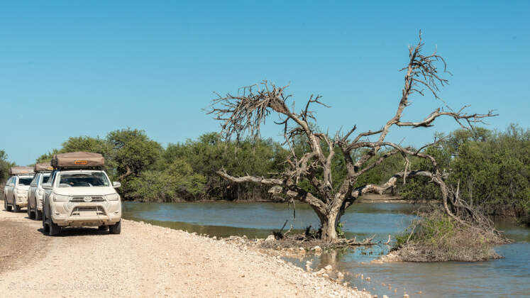 camping cars on gravel road next to water