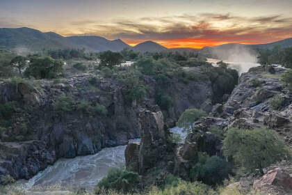 waterfalls & river at sunset