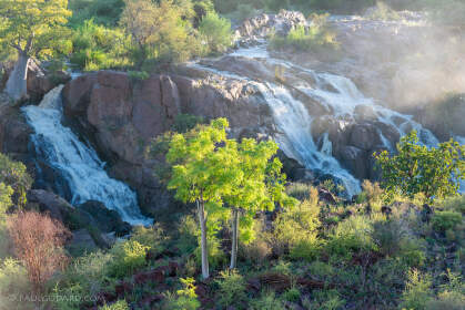 baobabs near waterfalls with mist at sunrise