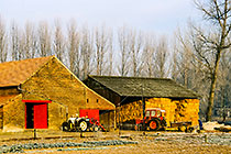 Tractors in front of barn & farm with red doors & windows