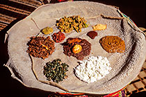 injera with 6 sauces, top-side view