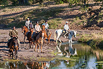 people & guide (West) riding horses crossing river