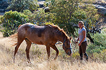 woman (Victoire) with horse at rest camp