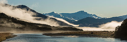 panorama | morning mist along Haast river