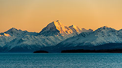 lake Pukaki & Mt Cook mountain range at sunset