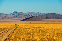 track through plain, farm building & mountains