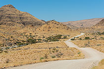 hilly farmland around the gravel road