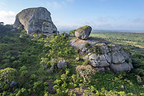 huge granite boulders between green vegetation