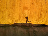 people shadows on granite boulder at sunset