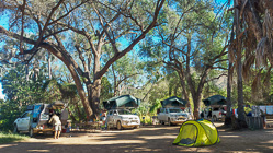 Jojo, Mathou & Paul near ranger camper & camping cars at campsite