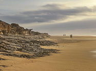 people walking on beach at sunset