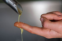 olive oil processing : olive oil flowing on finger out of separator and last filter